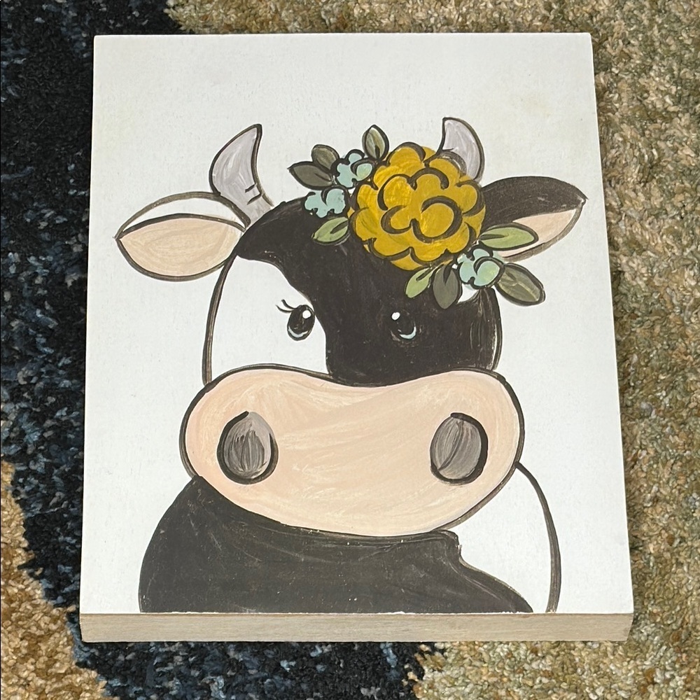 Whimsical Cow Art with Floral Accessory